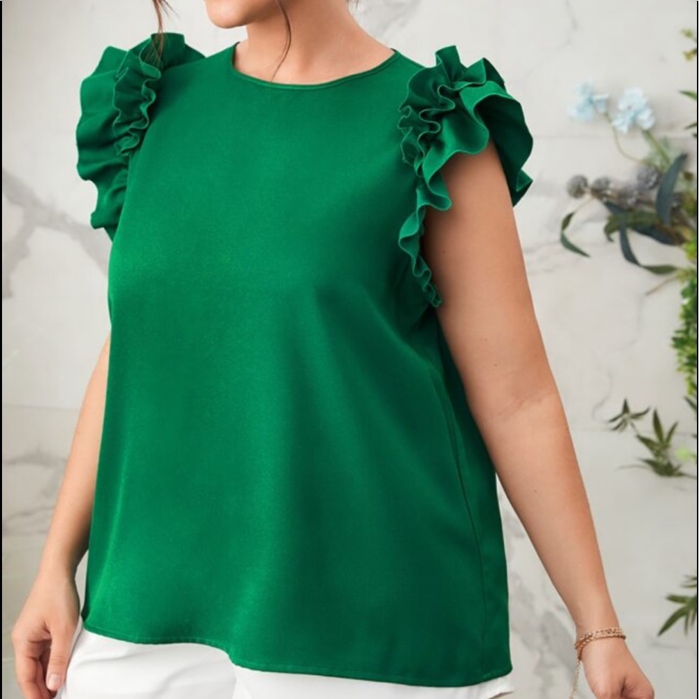 Plus Size Ruffle Cap Sleeve Office Work Top Blouse Blue - Picture 6 of 10